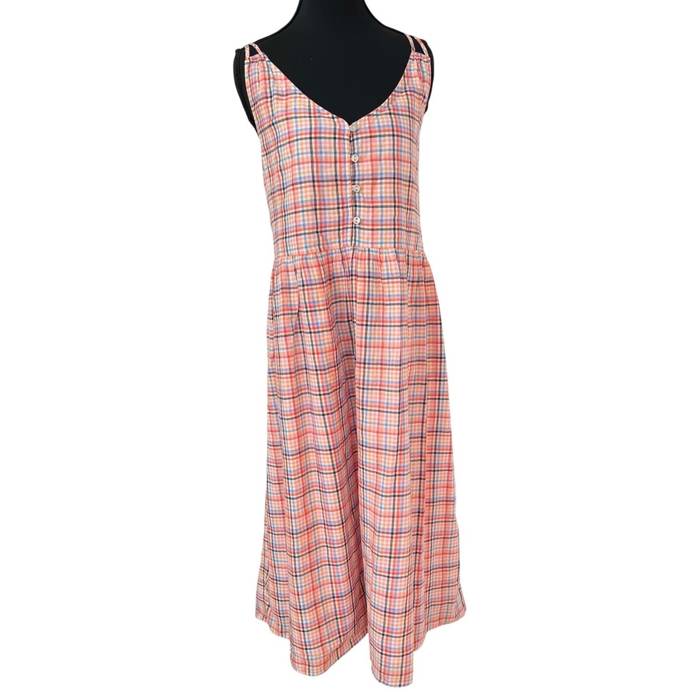 LOFT Plaid Midi Dress Women 12 Pink Blue Empire‎ Waist Button Front  V-Neck